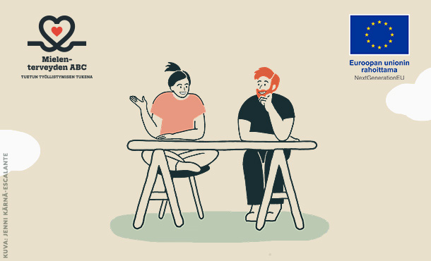 Piirros, jossa kaksi ihmistä keskustelee pöydän ääressä.