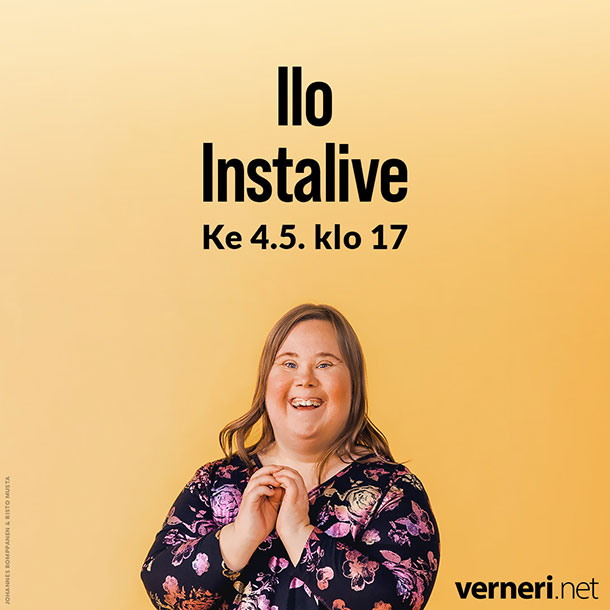 Hymyilevä nainen ja &quot;Ilo Instalive&quot;-teksti.